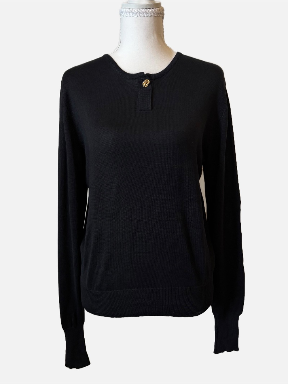 Talbots Vintage 100% Silk Black Crewneck Lightweight Sweater Top Gold Button MED